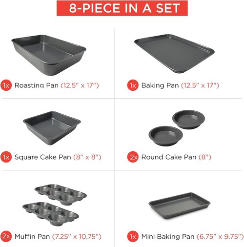 Elbee Home Nonstick Baking Set - 8-Piece Aluminized Steel with Deep Roasting Pan & Cake Pans | PFOA & PFOS Free