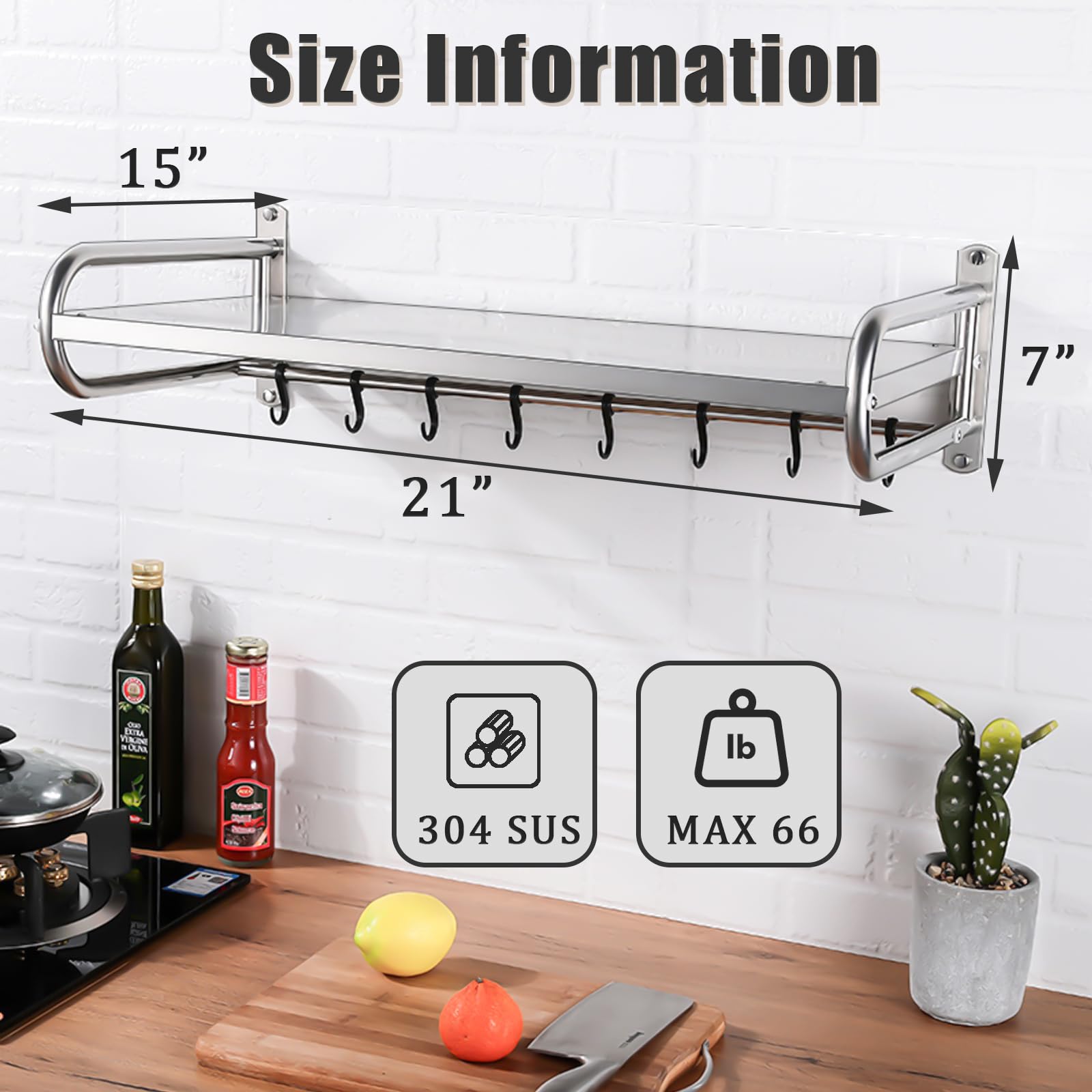 NAWESRVA Stainless Steel Microwave Wall Mount Shelf with 6 Hooks - 66 lbs Capacity, 21x15 Inches, Easy Install, Space-Saving Organizer for Home and Kitchen