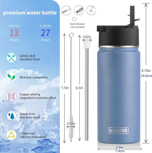 Koodee Kids Stainless Steel Water Bottle - 16 oz Double Wall Insulated Flask | BPA Free, Royal Blue