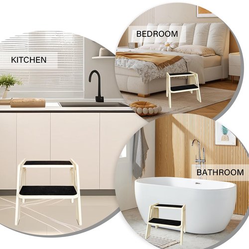 Wooden 2-Step Stool for Kids, Portable Step Stool with Handles & Non-Slip Pads, Natural Toddler Stepingstool for Kitchen, Bathroom, Bedroom, and Sink Use
