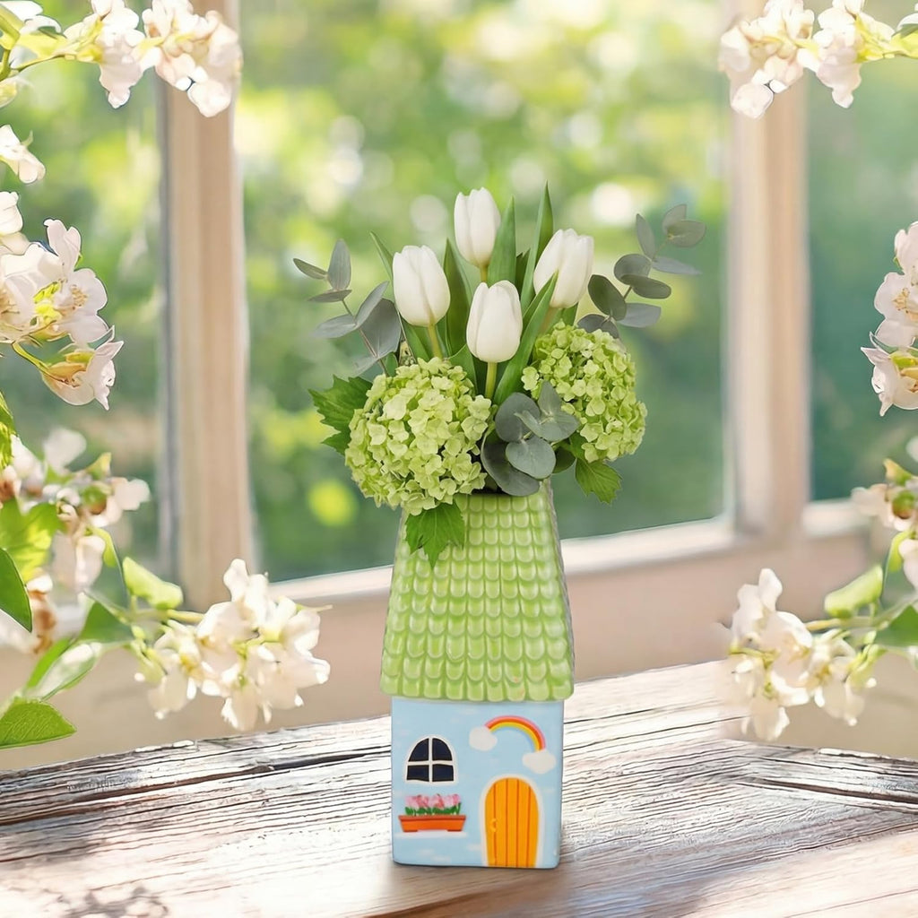Remerry Ceramic House Shape Vase - Mini Handmade Decorative Flower Container | 2.4 x 3.8 Inch Green