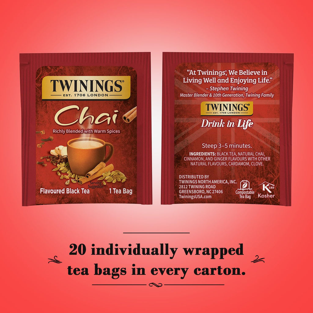 Twinings Chai Tea, Caffeinated Black Tea Naturally Flavored with Aromatic Spices and Ginger, Tea Bags Individually Wrapped, 20 Count Ea (Pack of 2)