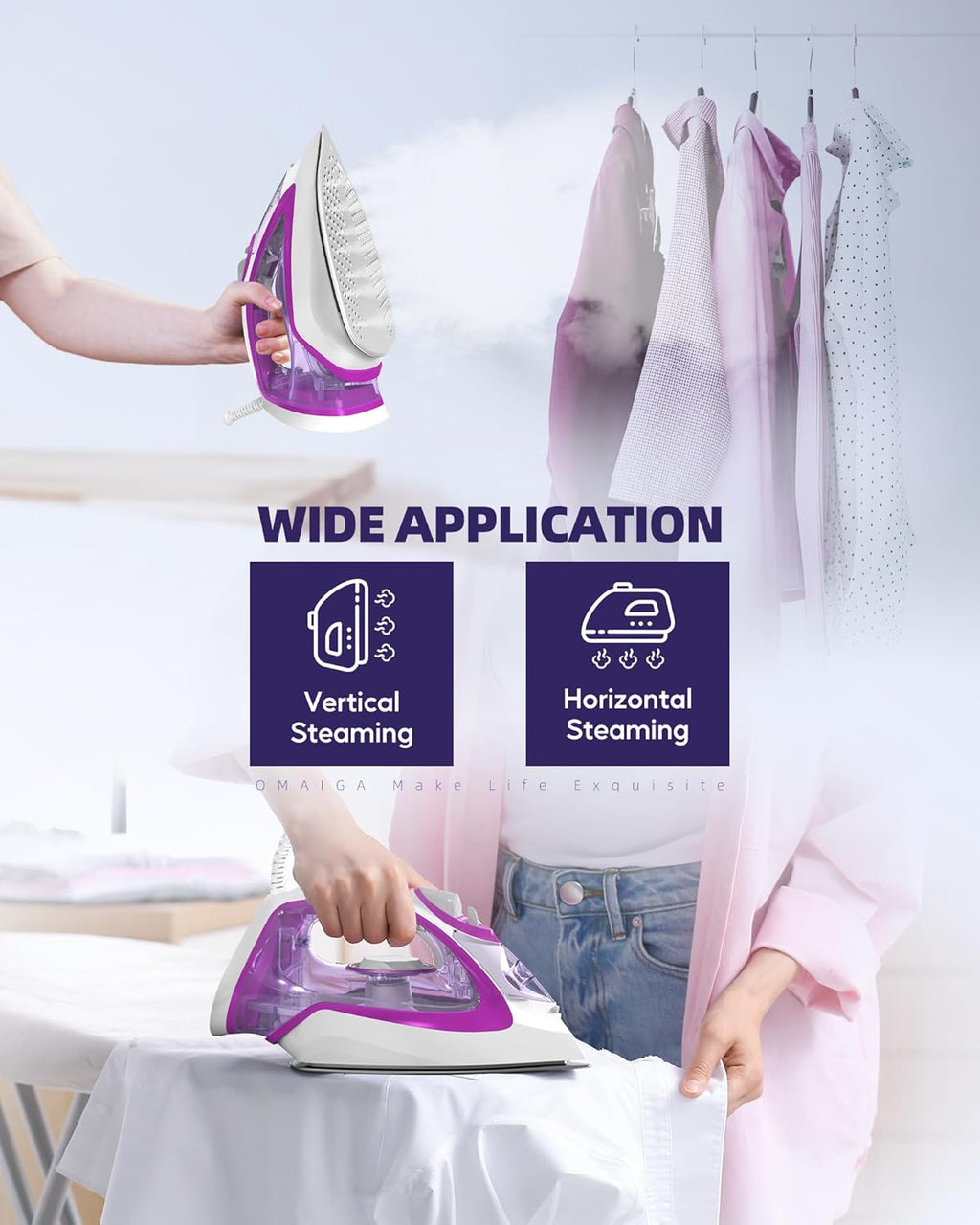 Omaiga Steam Iron - 1750W Fast Heating with 15.21oz Water Tank & Ceramic Soleplate | Self-Cleaning, Anti-Drip