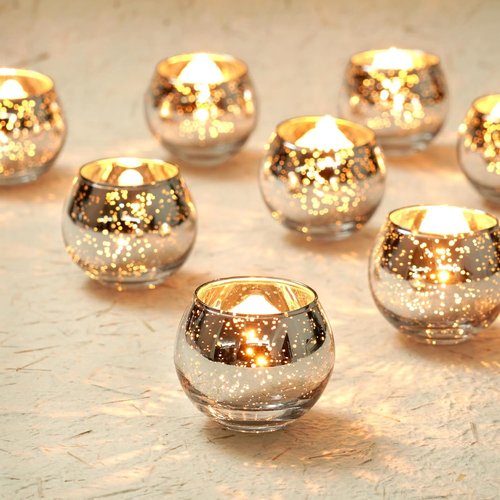 Homemory 12 Pcs Silver Votive Candle Holders - Round Mercury Glass for Weddings, Home Decor & Events