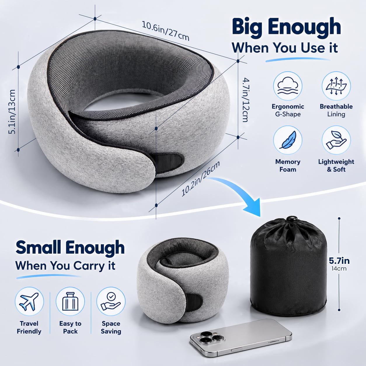 Purroch G-Shape Memory Foam Travel Neck Pillow - 100% Pure Foam Ergonomic Support with Eye Mask & Ear Plugs for Airplane Flights, Car Trips & Office Naps, Beige Gray
