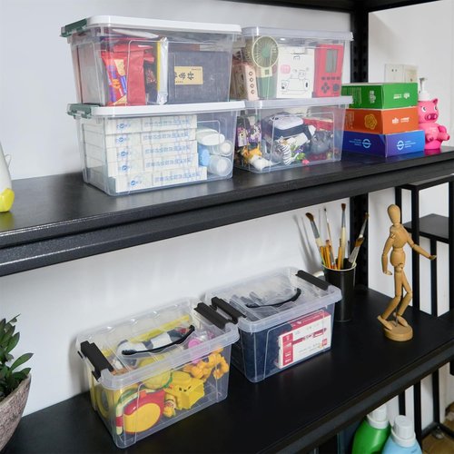 Eslite 6 Quart Stackable Storage Bins - Clear Latching Boxes with Handles & Lids | Pack of 6 (Black Handle)