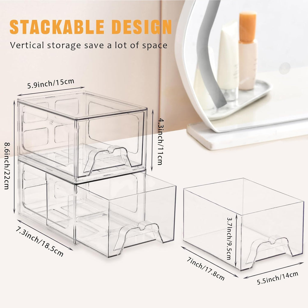 Stebopum Stackable Makeup Organizer - 6 Pack Clear Acrylic Storage Bins with Pull-Out Handle | 4.4'' Tall for Vanity & Bathroom