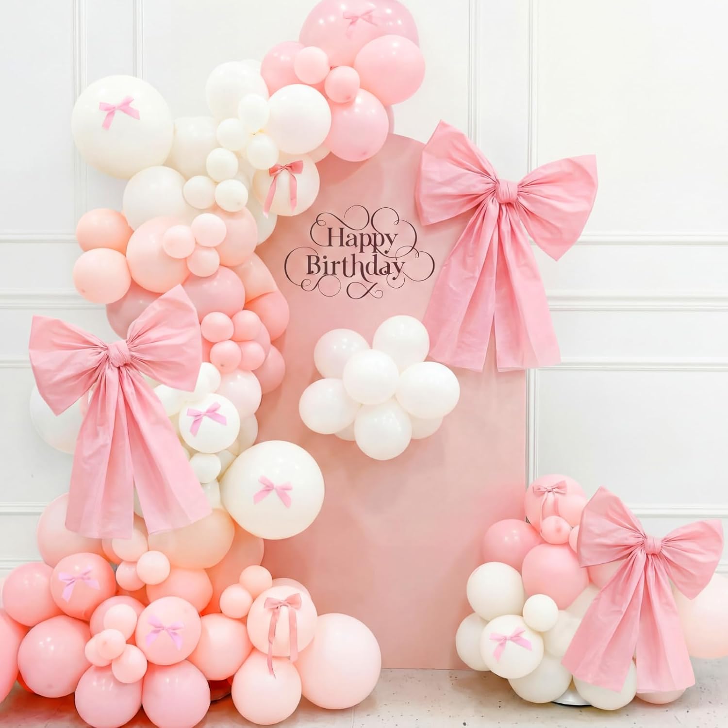 Pink Bow Birthday Decorations Set - 4 DIY Giant Wall Bows & 100 Link Balloons for Parties