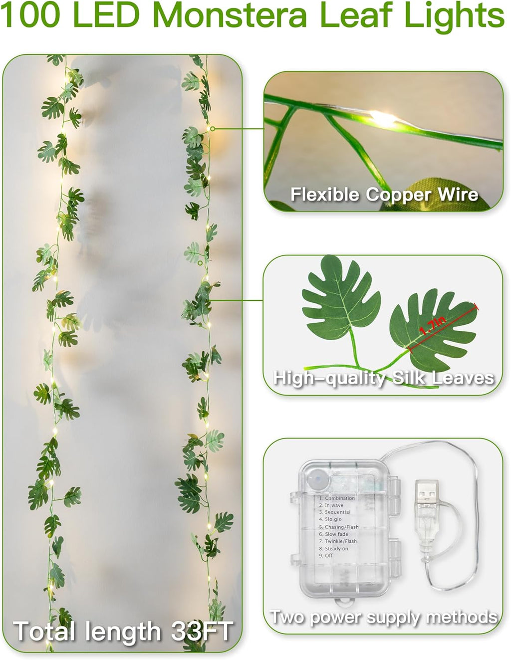Suddus Vines String Lights - 33ft 100 LED Monstera Leaves | Battery & USB Powered with Remote for Indoor Tropical Decor