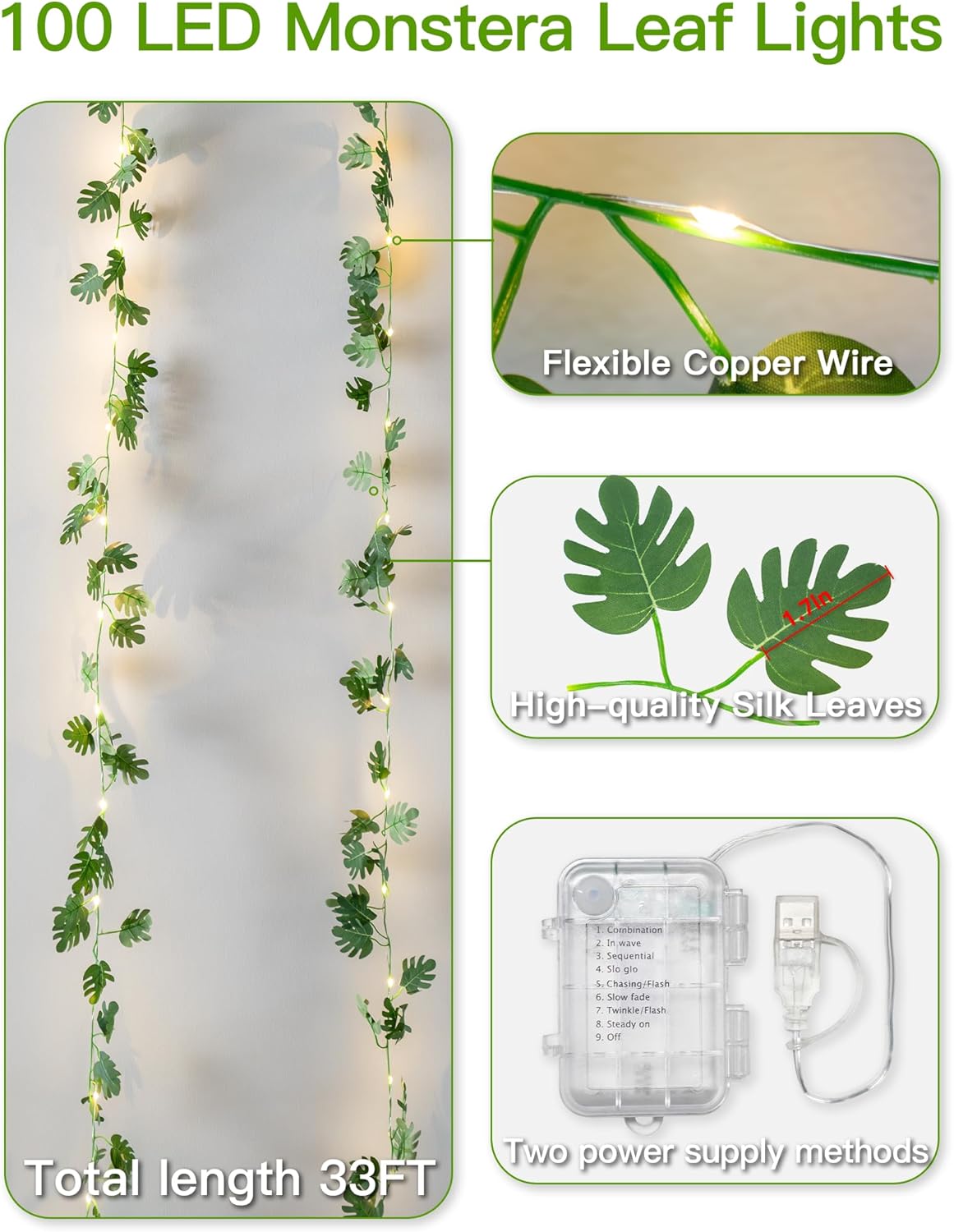 Suddus Vines String Lights - 33ft 100 LED Monstera Leaves | Battery & USB Powered with Remote for Indoor Tropical Decor