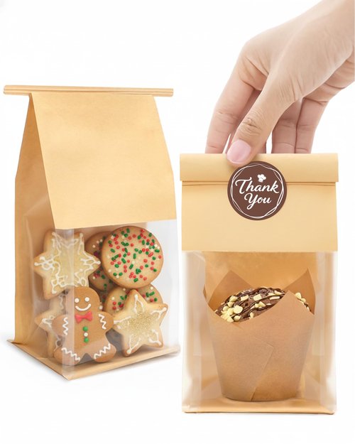 Bake Choice 50 Pcs Small Cookie Bags with Seal, 3.9x3.1x8.2 Inches Tin Tie Tab Lock Bakery Bags with Window, Resealable Paper Cookie Packaging Bag for Muffin, Treat, Brownie, Candies, Granola