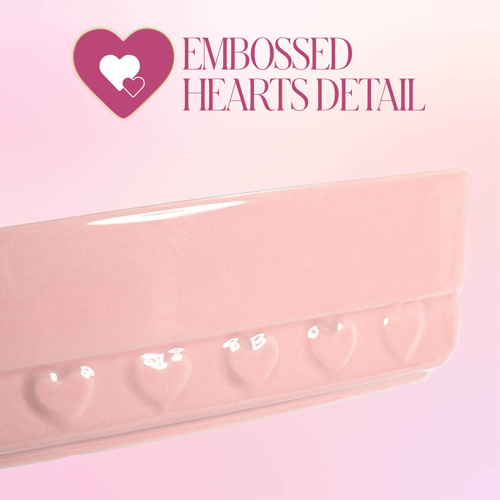 Paris Hilton 3-Piece Ceramic Baker Set, Iconic Stoneware with Square & Heart Bakers and Spoon Rest, Microwave/Oven/Freezer Safe, Durable Bakeware for Everyday Cooking & Serving, Pink