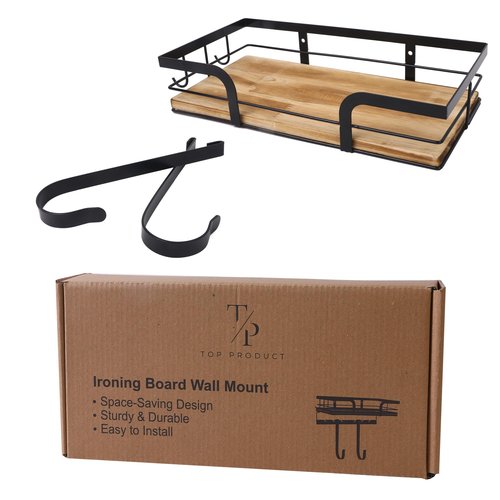 Top Product Ironing Board Holder wall Mount Iron Board Hanger 2 side hook with Removable Hooks Wall Mounted Ironing Board with Wide Storage Wooden Base Basket, Fits T- & V-Shaped Legs (Laundry)