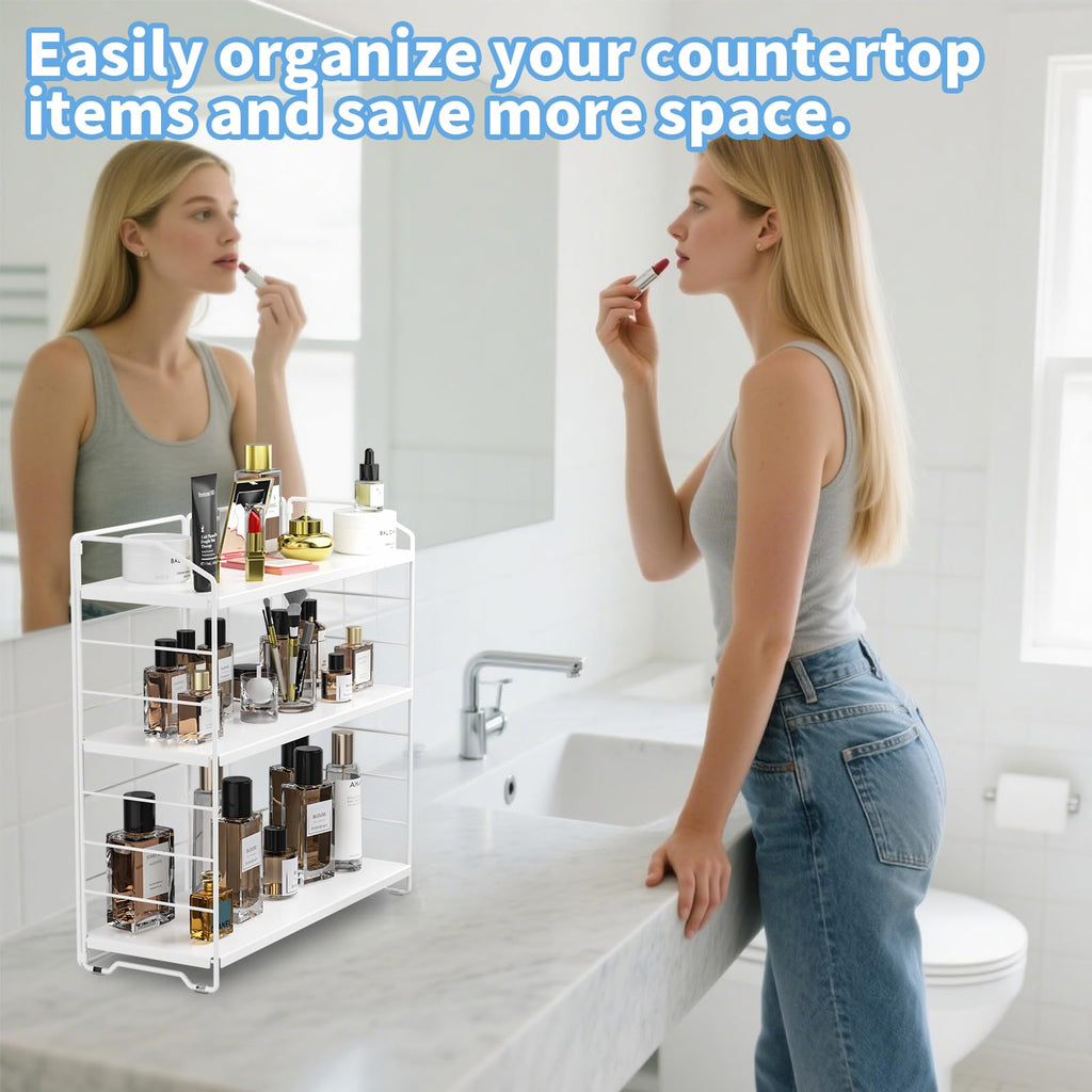 MAYZOLOP Bathroom Counter Organizer, Makeup Organizer Countertop, Countertop Storage Shelf for Bathroom Storage, Vanity, Large Skincare, Perfume, White 3 Tier