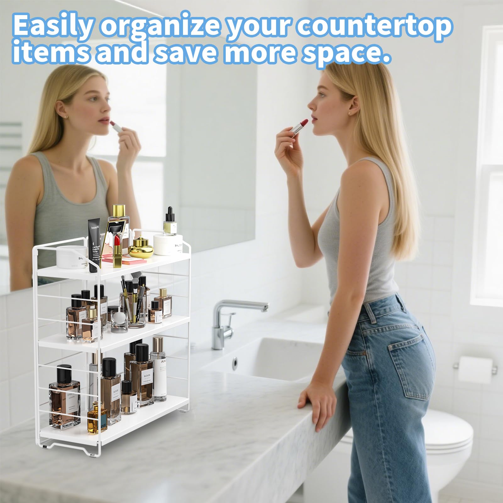 MAYZOLOP Bathroom Counter Organizer, Makeup Organizer Countertop, Countertop Storage Shelf for Bathroom Storage, Vanity, Large Skincare, Perfume, White 3 Tier