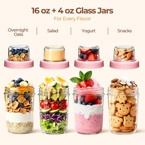 ComSaf Pink Overnight Oats Containers with Lids (16oz+4oz, 1Pcs), Glass Yogurt Parfait Cups for Cereal Nut Fruit, Dual-Layer Chia Pudding Jars with Dry and Wet Separation, Meal Prep, Glass for Salad