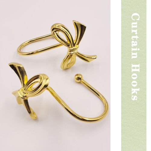 Dylrauoza Gold Shower Curtain Hooks, 12 Pack Bow Shower Curtain Rings, Decorative Metal Rust Proof Curtain Hangers with 3D Ribbon Design, Cute Coquette Bathroom Decor