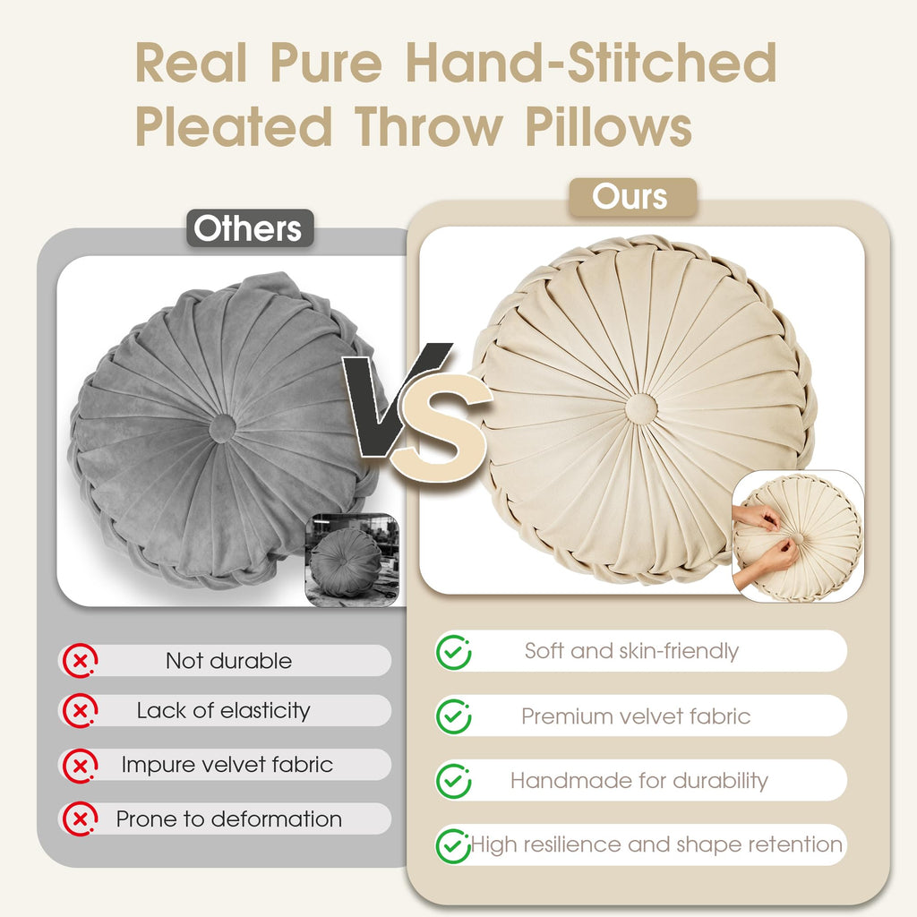 ROSE&RISY Round Pleated Velvet Throw Pillow, 1 Pack Decorative Accent Pumpkin Pillow Cushion for Couch Sofa Chair Bed Car Home Decor (14.5 Inch, Cream)