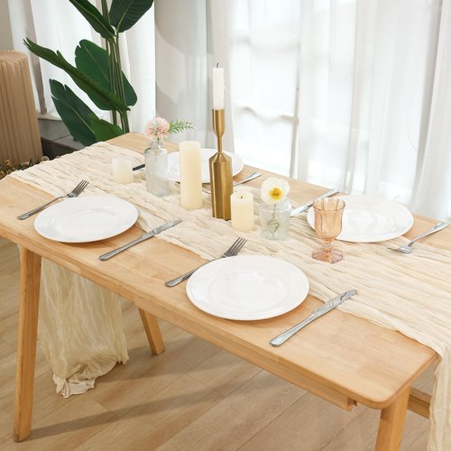Fixwal 8 Pack Ivory Cream Cheesecloth Table Runners, 35x120 Inch Beige Pleated Boho Gauze Table Runner, Long Semi-Transparent Table Decorations for Parties, Showers, Birthdays and Weddings