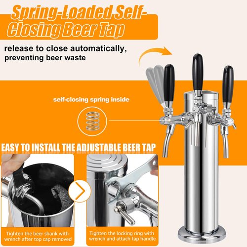 Dbgogo 3 Tap Beer Tower Adjustable Flow Control Beer Faucet Three Tap Beer Tower Stainless 3” Triple Tap Beer Tower Dispenser Kegerator Tower Kit with Pre-Assembled Tubing and Self-Closing Springs
