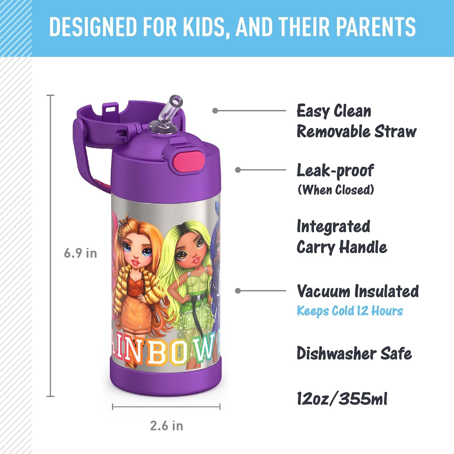 THERMOS FUNTAINER 12 Ounce Kids Straw Bottle - Stainless Steel Vacuum Insulated | Rainbow High Design