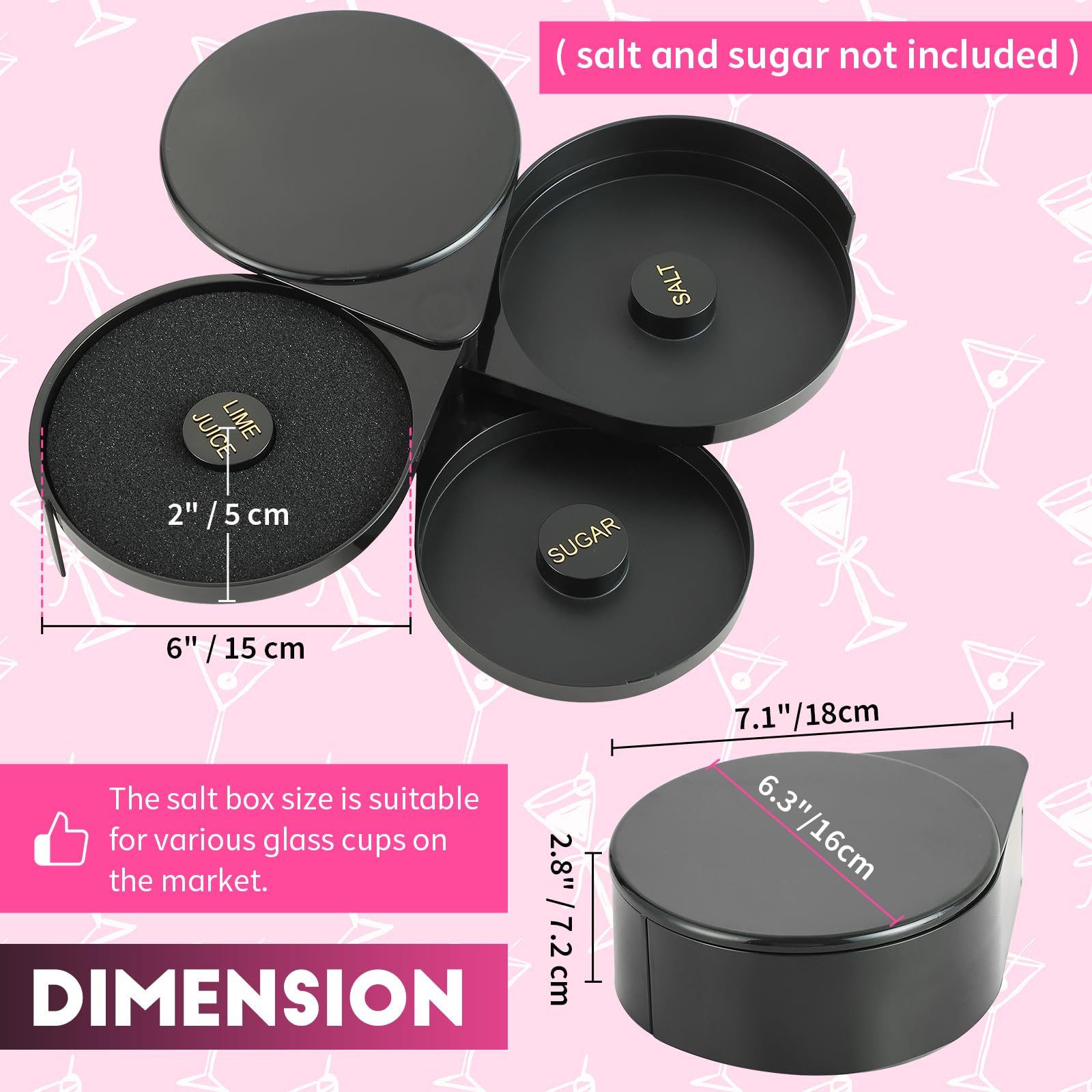 FLKQC 3-Tier Bar Glass Rimmer Bartender Tool, Margarita Salt Rimmer Set, Salt Rimmer for Cocktails, 3-Tray Salt Box Spice Container, Bar Cocktail Tool
