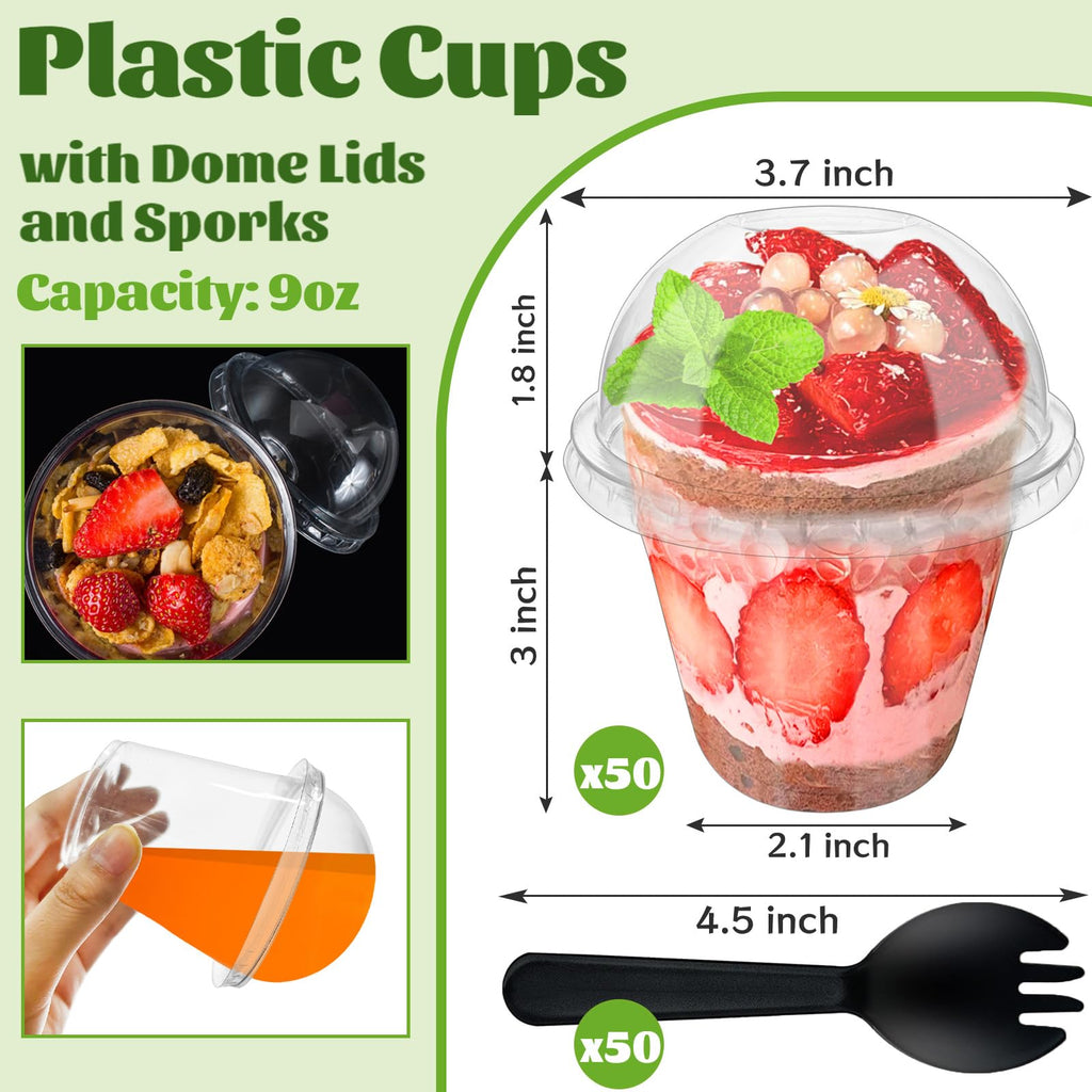 Paradi star 100Pcs 9oz Clear Plastic Cups with Dome Lids Spoons,Disposable Dessert Party Cup Take Out Containers for Parfait,Salad,Ice Cream,Cold Drink,Cupcake