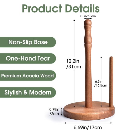 CHAUNCEY HOME Farmhouse Acacia Wood Paper Towel Holder, Weighted Base for Kitchen & Bathroom, One-Handed Operation, EPTHA, Standing Towel Roll Organizer, for Standard & Large Rolls, Large