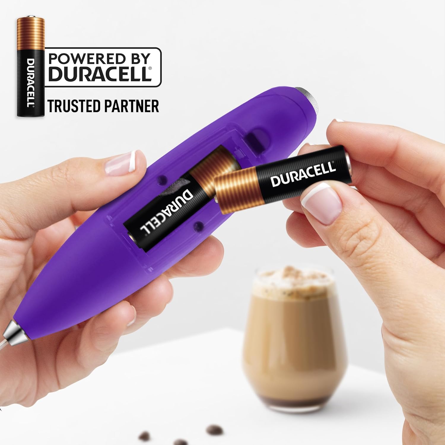 Zulay Kitchen Tornado Triple Whisk Milk Frother - Handheld Foam Maker for Coffee & Lattes - Purple with 4 Duracell Batteries