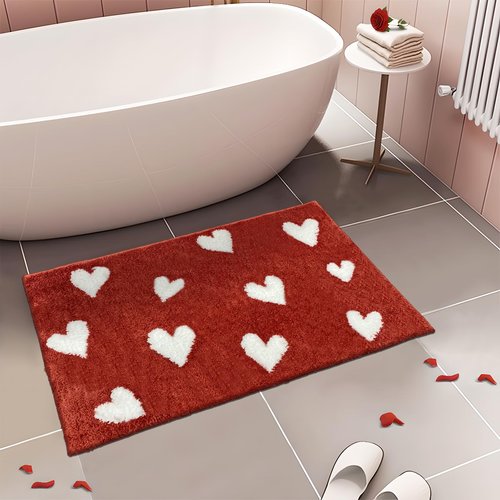 APROPHIC Valentine's Day Heart Bath Mat for Bathroom Decor, Valentines Bathroom Decorations Red and White Rugs Non Slip Absorbent, Soft Funny Bath Rug, Washable, 17x24in