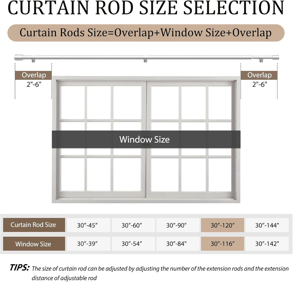 Skiennix 1” Diameter Silver Curtain Rods - Heavy Duty Adjustable Window Treatment, 30-120 Inch, Fits Most Standard Windows