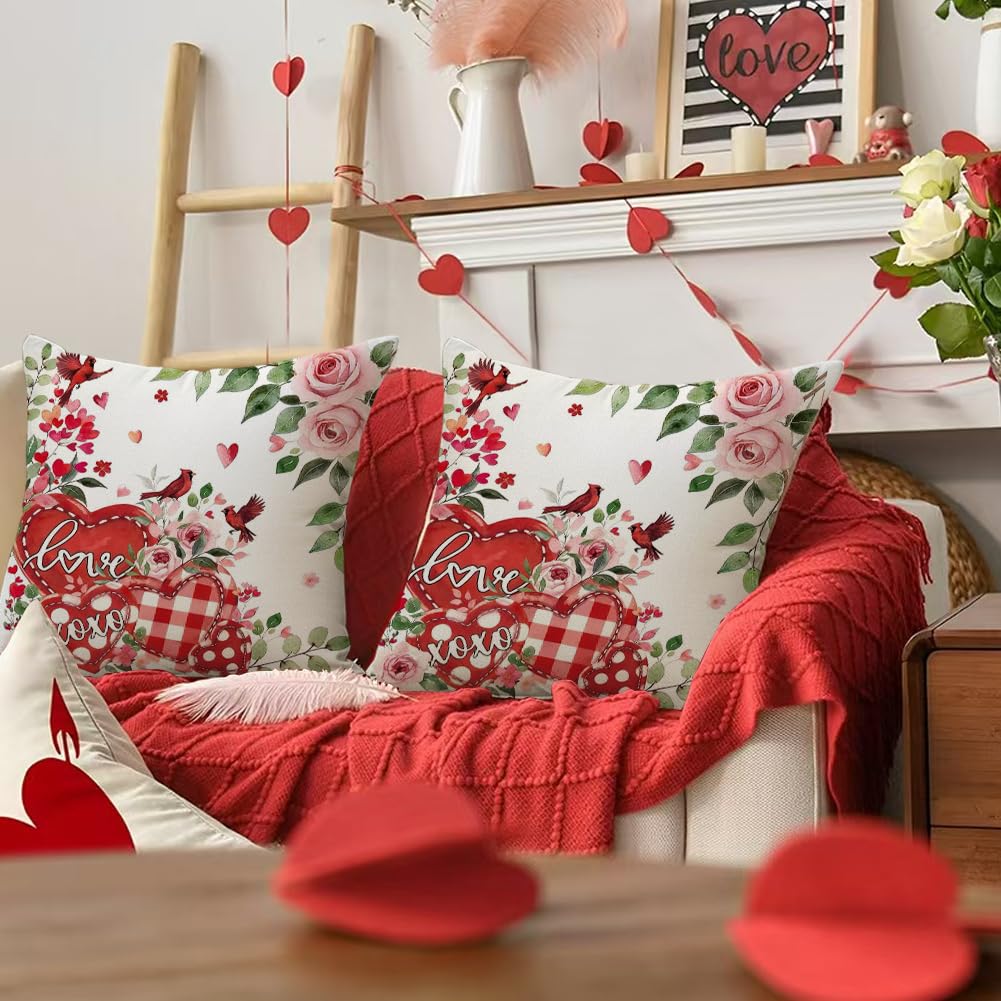 RABUSOFA Valentines Love Heart Pillow Covers 18x18 Inch Set of 2, Pink Rose Red White Outdoor Romantic Holiday Party Cushion Cases Valentine Decoration for The Home Sofa Indoor (Red, 18" x 18")