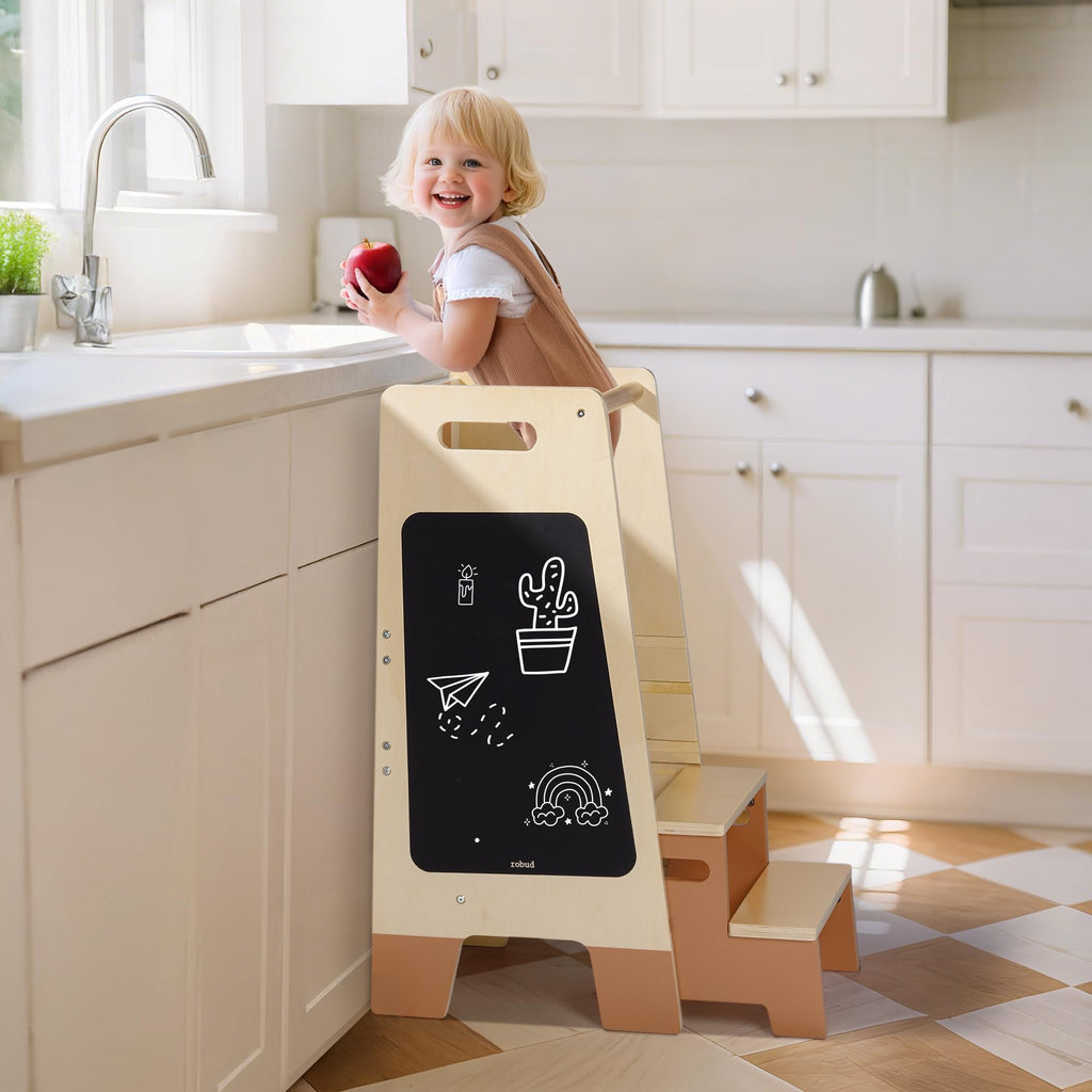 ROBOTIME Toddler Standing Tower, Learning Tower with Step Stool Set, 2-in-1 for Kids, Adjustable Height Toddler Tower for Kitchen & Bathroom, Learning Tower with Blackboard for 2 Year Old