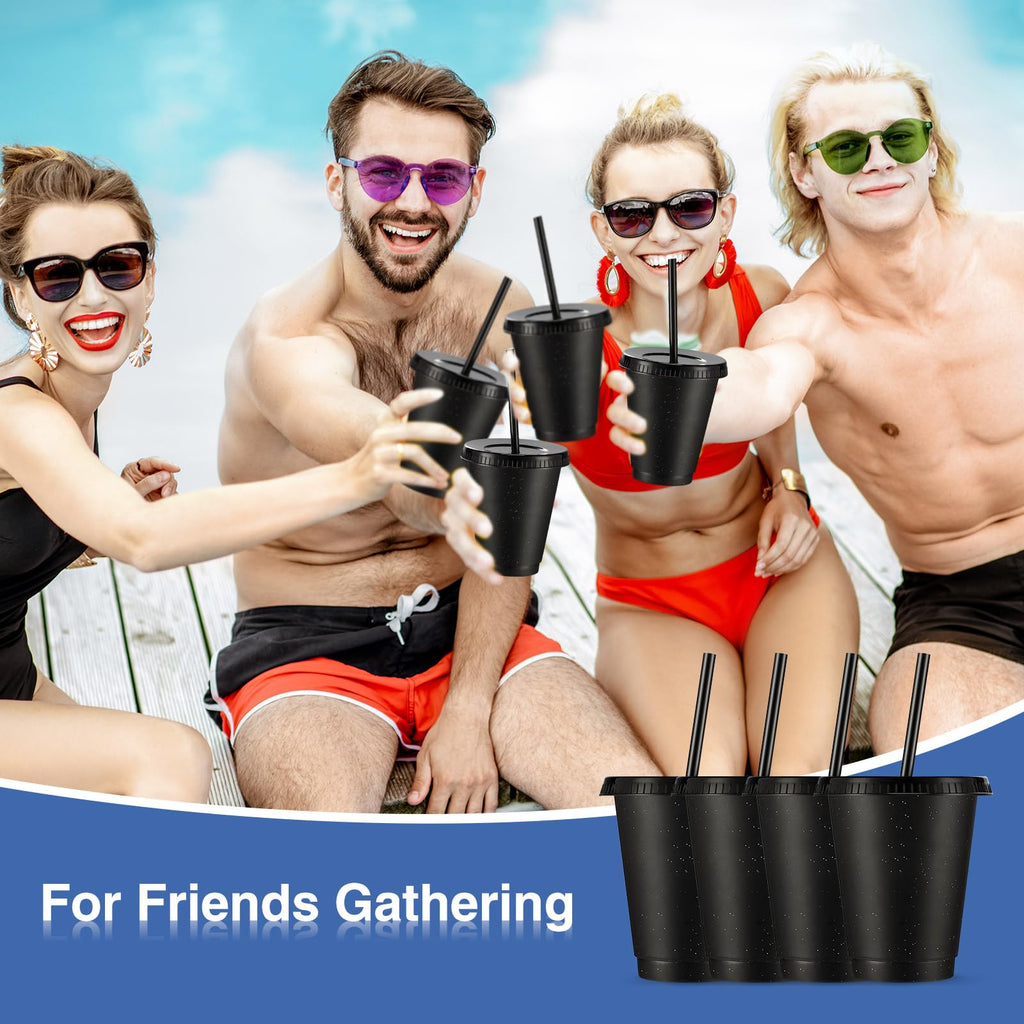 Rtteri 15 Pcs Reusable Cups with Straws and Lids 16 oz Glitter Tumblers Plastic Party Favor Cups with Lids Travel Mug Tumbler for Easter Graduation Party Iced Beverage Water(Black)