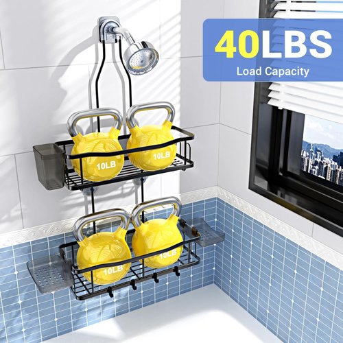 Aitatty Hanging Shower Caddy | Rustproof Bathroom Organizer Over Shower Head - Black, No Drilling Required