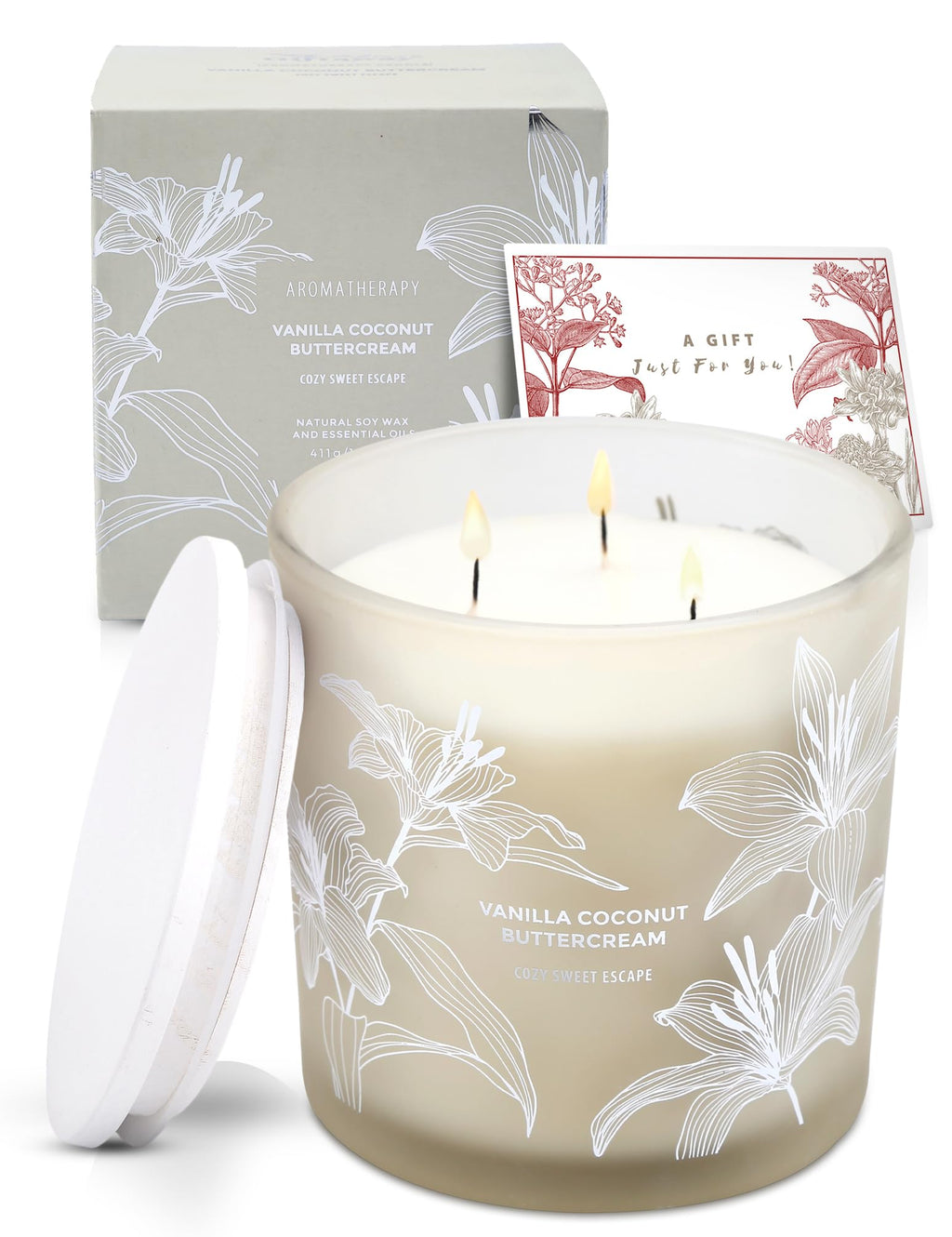 Vanilla Coconut Buttercream Candle, 14.5oz Large 3-Wick Soy Scented Candles for Home, Vanilla Cupcake Candle, Long Lasting Aromatherapy Candle, Gift for Mom Women