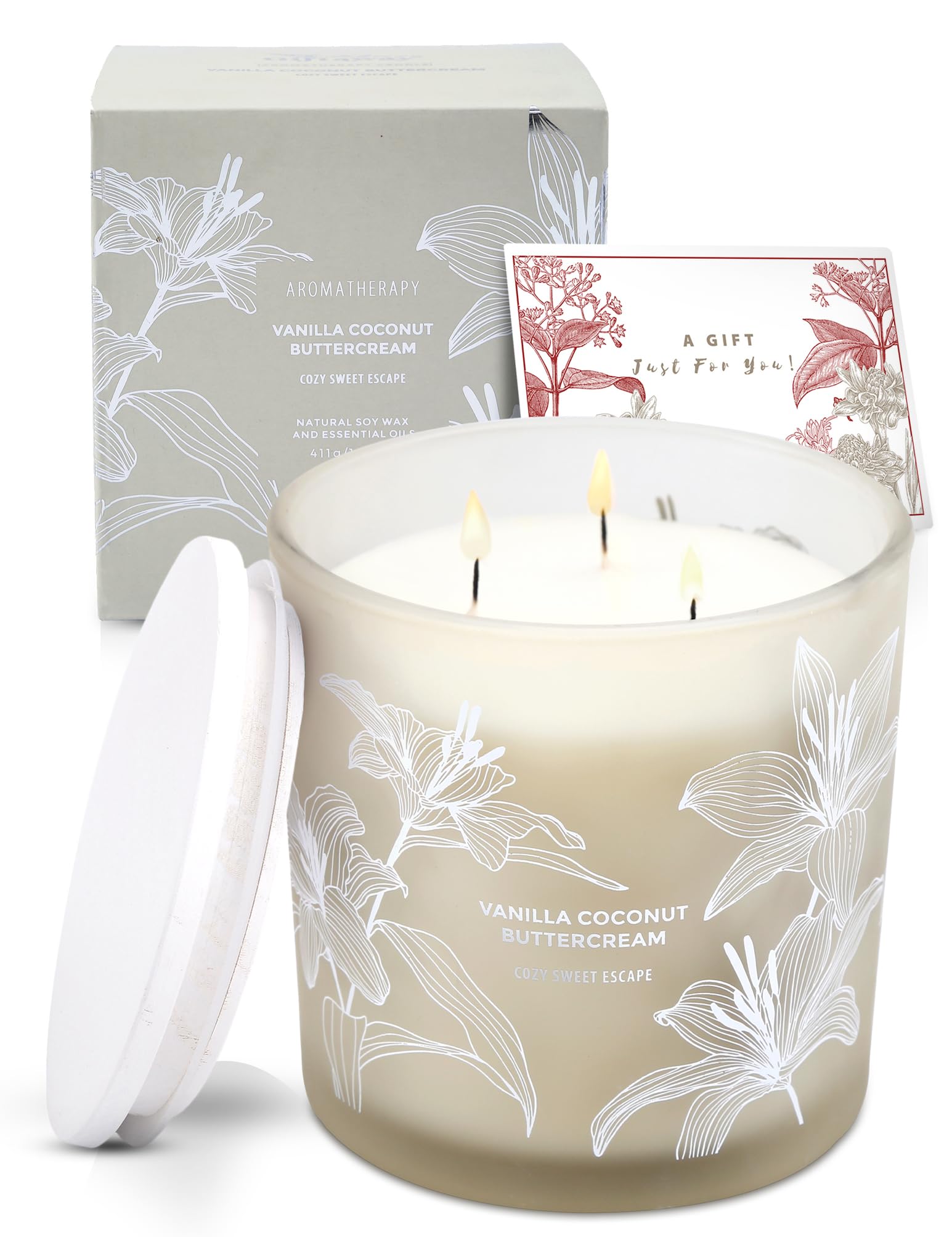 Vanilla Coconut Buttercream Candle, 14.5oz Large 3-Wick Soy Scented Candles for Home, Vanilla Cupcake Candle, Long Lasting Aromatherapy Candle, Gift for Mom Women