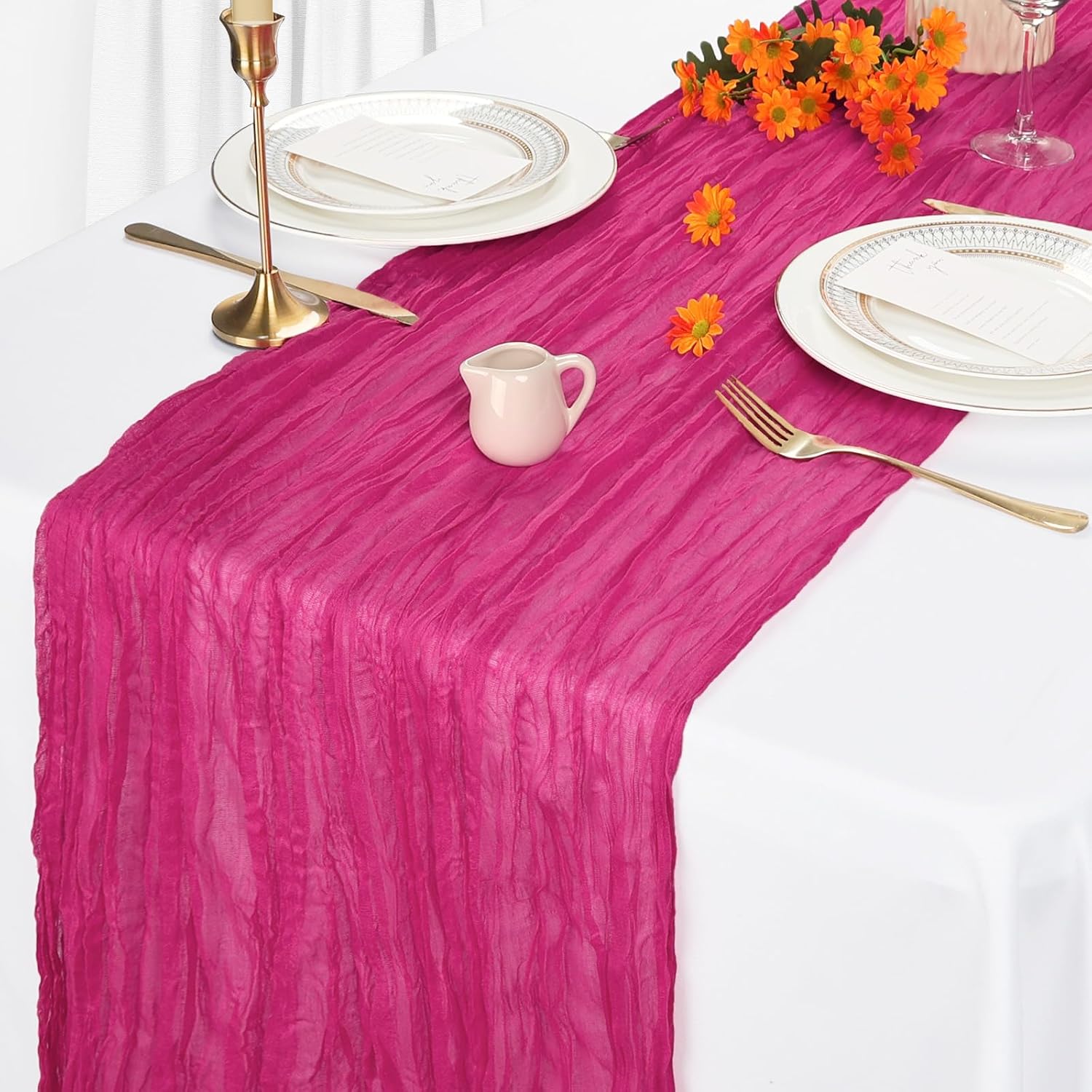 Skiennix 6 Pack Hot Pink Cheesecloth Table Runners - 10Ft Boho Sheer Fabric for Weddings & Parties | 35x120 Inch