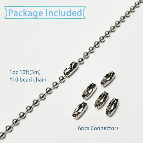 #10 Beaded Ball Chain 10 Feets 4.5mm Bead Chain Extender with 6 Pieces Connector Clasps for Plumbing, Crafts, Industrial Equipment Labeling Applications and Commercial Use (304 Stainless Steel)