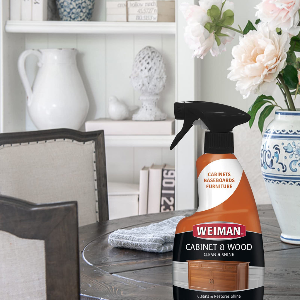 Weiman Cabinet and Wood Cleaner, Shine, Clean and Protect Spray - For Wood Cabinets, Furniture, Tables, Baseboards, Trim and more, 16 oz, 2 PACK with MicroFiber Towel