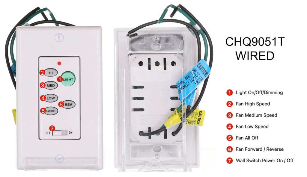 Anderic UC9051T Wired Wall Switch Ceiling Fan Remote Control | 3-Speed Fan, Light Dimmer, Reverse | Works with FAN28R, FAN18R, FAN30R, UC7067FMRX Receivers | Replacement for UC9050T