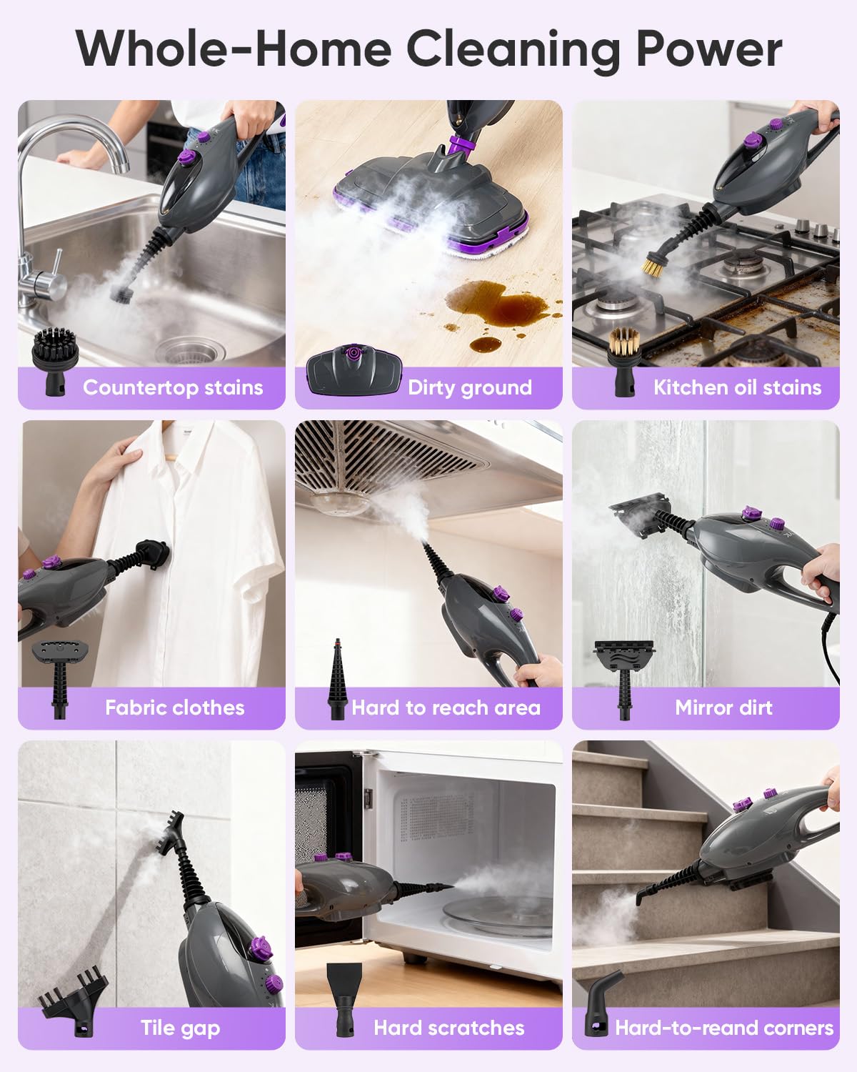 CYK Steam Mops for Floor Cleaning, 12 in 1 Handheld Steam Cleaner for Home, Floor Steamer for Hardwood Floors and Tile (Purple-grey)