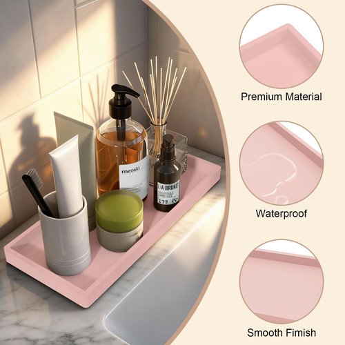 Bathroom Vanity Tray, Silicone 11.8 x 5 Inch Bathroom Counter Tray Decor, Extra-Large Bathroom Trays Holders and Organizers for Toilet Top, Dresser, Waterproof Decorative Tray, Pink