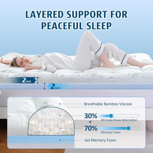 DOWNCOOL Queen Memory Foam Mattress Topper - 4 Inch Dual Layer with Gel & Pillow Top for Back Pain Relief