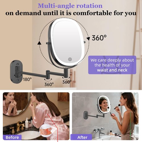 FUNTOUCH 30X/1X Wall Mounted Lighted Makeup Mirror, 5000mAh Rechargeable Oval Double Sided Touch Switch Magnifying Mirror with Light, 3 Color Setting, Extended Arm 360°Swivel Foldable,Black