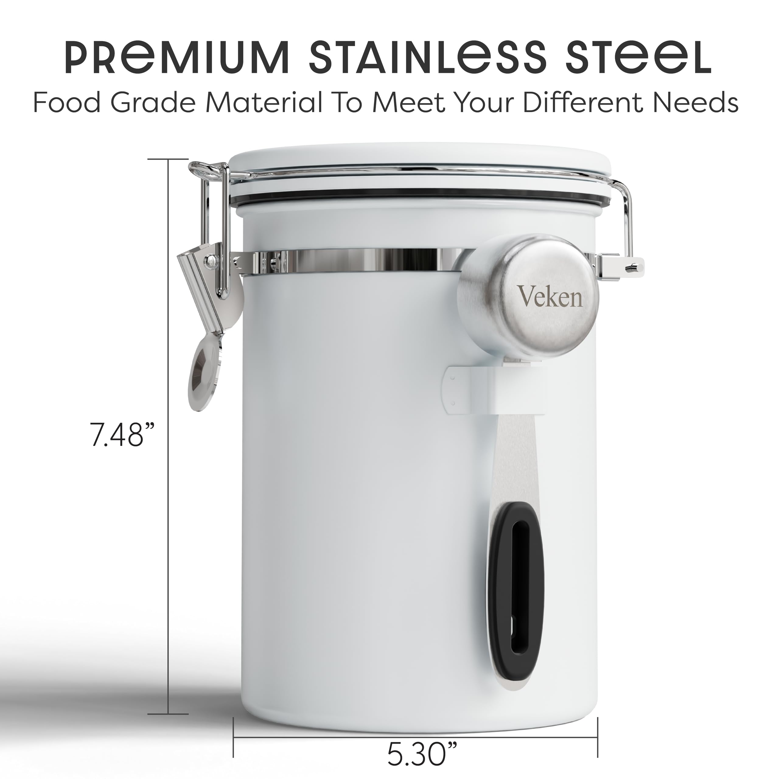 Veken Coffee Canister with Window, Airtight Stainless Steel Kitchen Food Storage Container with Lids, Date Tracker and Scoop for Grounds Coffee, Beans, Tea, Flour, Cereal, Sugar Jars, 22OZ, White