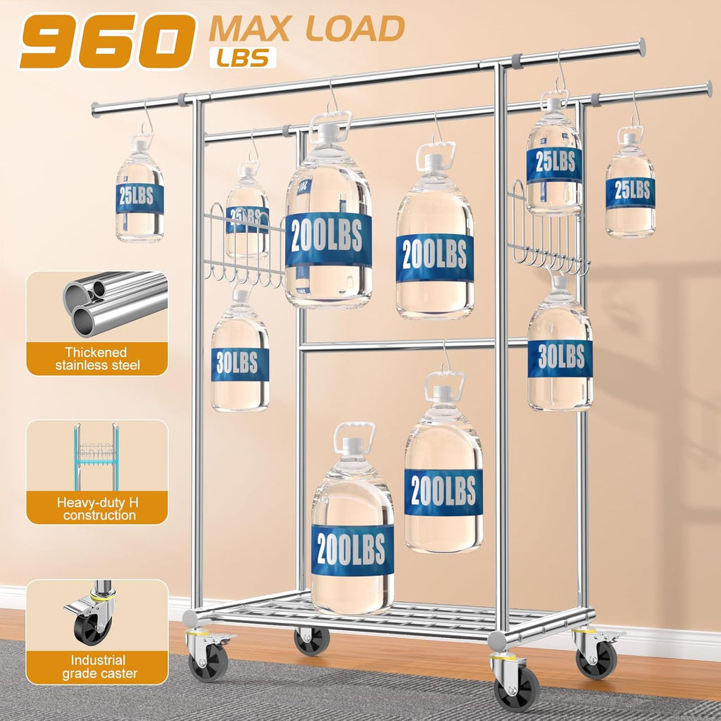 Skiennix Heavy-Duty Stainless Steel Clothes Rack - 960LBS Capacity, Extendable & Portable with Wheels
