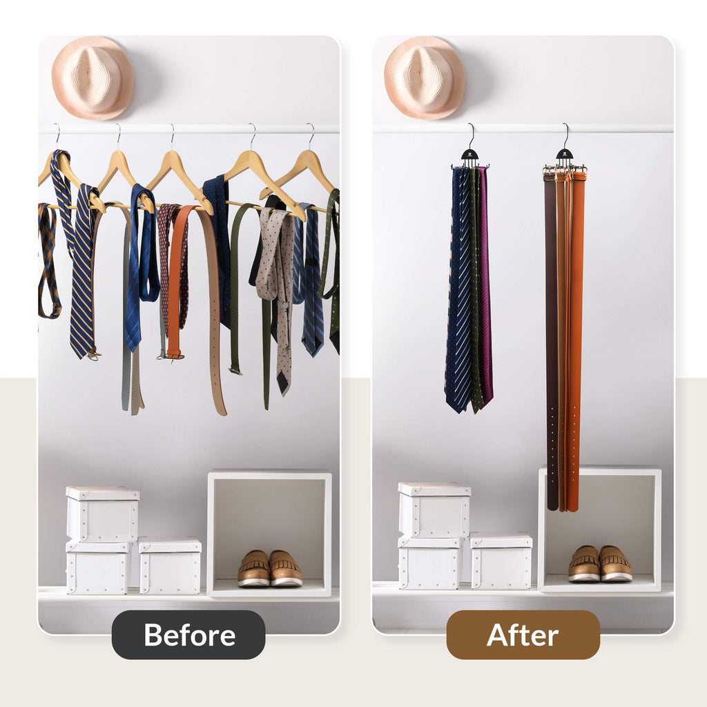 ZEDODIER 2 Pack Tie Hanger & Belt Organizer, Rotatable Tie Rack Space Saving Tie Holder with 16 Adjustable Hooks for Closet Organizers and Storage, Sturdy Belt & Tie Collection Storage, Black