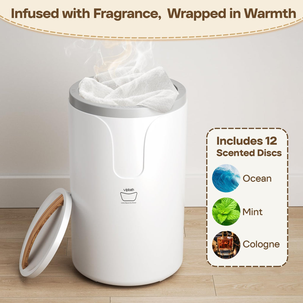 VIPBATH 20L Luxury Towel Warmer Gift-Ready Box, Dual Heat, 30/60/90 Min Presets, Stainless Steel Interior, Tip-Over Auto Shut-Off, Includes 12 Fragrance Discs, Perfect Spa Gift for Home & Bathroom