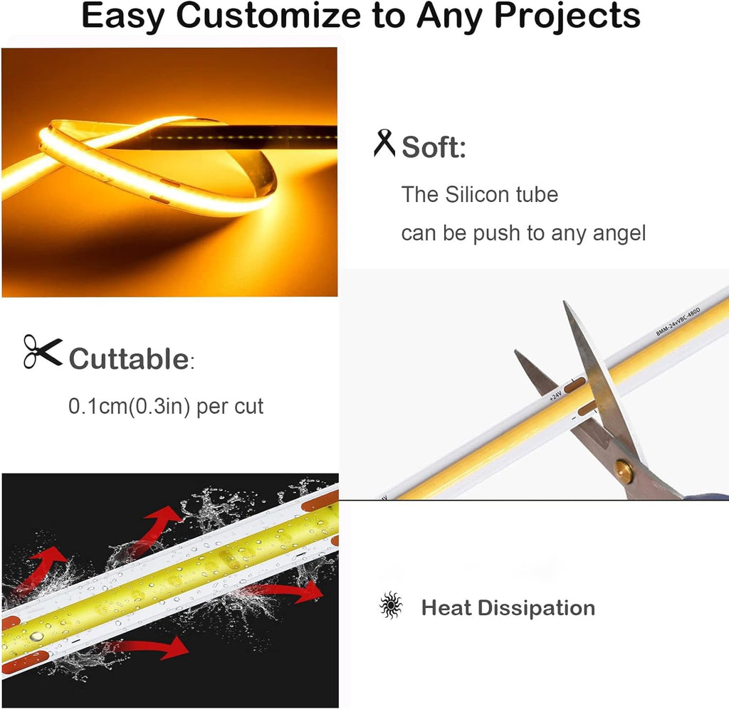 GUPUP 16.4 ft COB Rope Light,Dimmable White Strip Light,24V,3040 LEDs Flexiable 2700K-6500K Vanity Make-up Lighting, CRI≥90, for Gaming Room,Mirror,Cabinet,Counter,Kitchen,TV